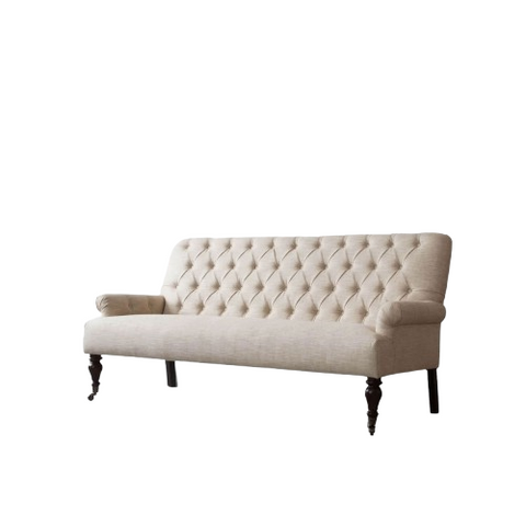 Ivory Caster Sofa | Fabric Sofa with Hand-Tufted Quilted Back, Brass Caster Wheels & Solid Wood Frame