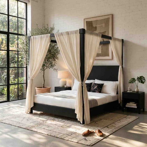 Veil Canopy Bed | Matte Black Four Poster Wooden Bed | Sheer Drape | King & Queen Size | Oakvello