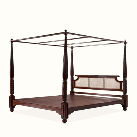 Colonial Cane Sheesham Wood Bed | Four Poster Canopy Bed with Cane Headboard | King & Queen Size | Oakvello