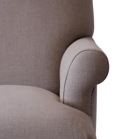 Carlton Nail Fabric Sofa | Grey Deep Seat | Brass Nailhead Trim, Scroll Arms & Ornate Turned Legs