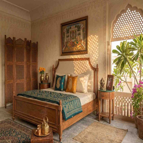 Heritage Arch Wooden Bed | Hand-Carved Solid Wood | Upholstered Headboard | King & Queen Size