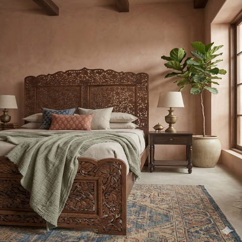 Vanya Bed | Hand-Carved Floral Walnut Wooden Bed | Rajasthani Jali Headboard | Oakvello