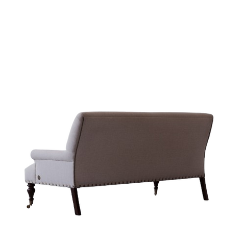 Carlton Nail Fabric Sofa | Grey Deep Seat | Brass Nailhead Trim, Scroll Arms & Ornate Turned Legs