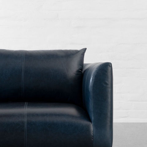 Navy Dusk Sofa | Premium Navy Leather Sofa with Brass Legs & Curved Arms