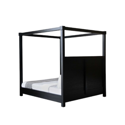 Veil Canopy Bed | Matte Black Four Poster Wooden Bed | Sheer Drape | King & Queen Size | Oakvello