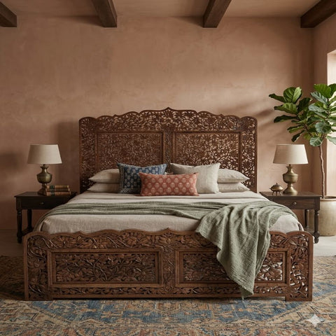 Vanya Bed | Hand-Carved Floral Walnut Wooden Bed | Rajasthani Jali Headboard | Oakvello