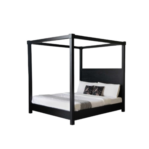 Veil Canopy Bed | Matte Black Four Poster Wooden Bed | Sheer Drape | King & Queen Size | Oakvello