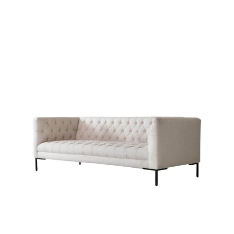 Pearl Grid Fabric Sofa | Hand-Tufted Off-White | Black Metal Legs | Contemporary Chesterfield Style