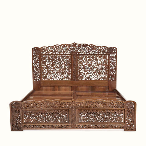 Vanya Bed | Hand-Carved Floral Walnut Wooden Bed | Rajasthani Jali Headboard | Oakvello