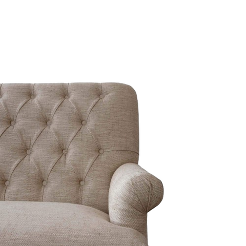 Ivory Caster Sofa | Fabric Sofa with Hand-Tufted Quilted Back, Brass Caster Wheels & Solid Wood Frame