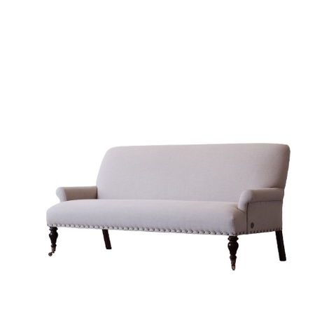 Carlton Nail Fabric Sofa | Grey Deep Seat | Brass Nailhead Trim, Scroll Arms & Ornate Turned Legs