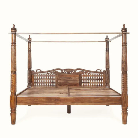 Spiral Post Sheesham Wood Bed | Hand-Carved Four Poster Canopy Bed | King & Queen Size