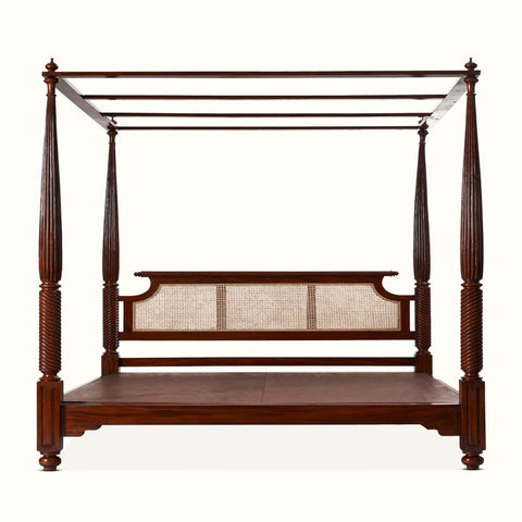 Colonial Cane Sheesham Wood Bed | Four Poster Canopy Bed with Cane Headboard | King & Queen Size | Oakvello