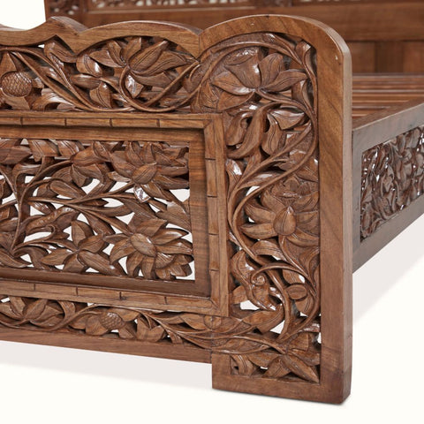 Vanya Bed | Hand-Carved Floral Walnut Wooden Bed | Rajasthani Jali Headboard | Oakvello