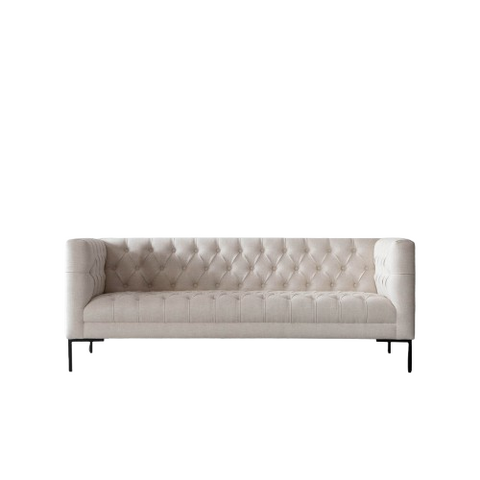 Pearl Grid Fabric Sofa | Hand-Tufted Off-White | Black Metal Legs | Contemporary Chesterfield Style