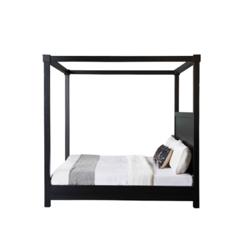 Veil Canopy Bed | Matte Black Four Poster Wooden Bed | Sheer Drape | King & Queen Size | Oakvello