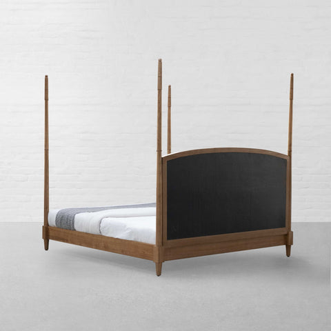 Luma Post Bed | Natural Oak Four Poster Wooden Bed | Linen Upholstered Headboard | King & Queen | Oakvello