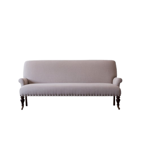 Carlton Nail Fabric Sofa | Grey Deep Seat | Brass Nailhead Trim, Scroll Arms & Ornate Turned Legs