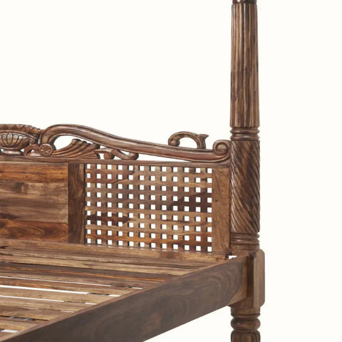 Spiral Post Sheesham Wood Bed | Hand-Carved Four Poster Canopy Bed | King & Queen Size