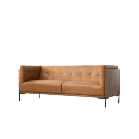 Amber Stitch Sofa | Tufted Leather Sofa with Black Metal Legs & Oak Accents