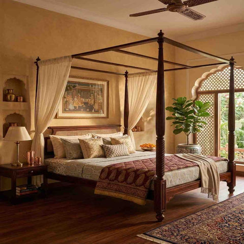 Colonial Cane Sheesham Wood Bed | Four Poster Canopy Bed with Cane Headboard | King & Queen Size | Oakvello