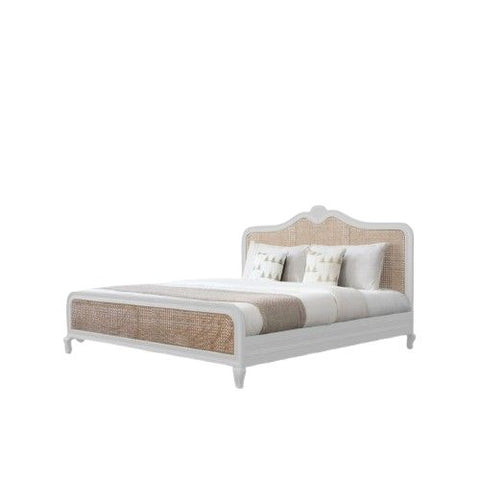 Cabriole Cane Bed | White French Provincial Wooden Bed | Cane Headboard & Footboard | King & Queen | Oakvello