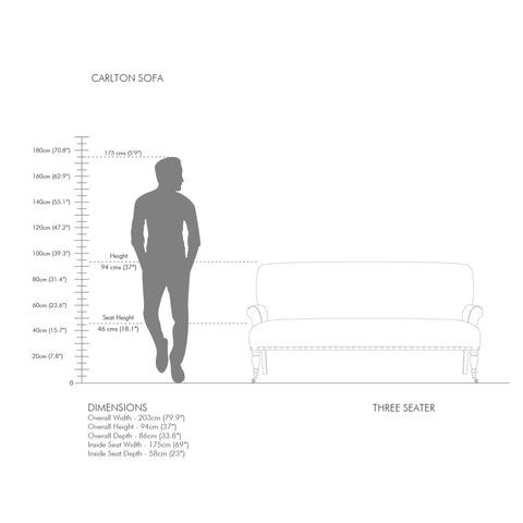Carlton Nail Fabric Sofa | Grey Deep Seat | Brass Nailhead Trim, Scroll Arms & Ornate Turned Legs