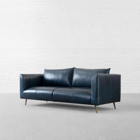 Navy Dusk Sofa | Premium Navy Leather Sofa with Brass Legs & Curved Arms