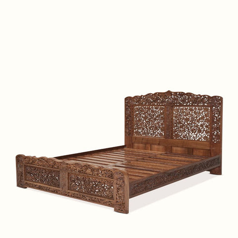 Vanya Bed | Hand-Carved Floral Walnut Wooden Bed | Rajasthani Jali Headboard | Oakvello