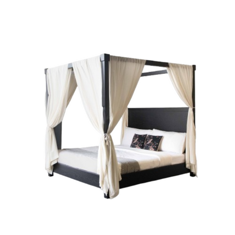 Veil Canopy Bed | Matte Black Four Poster Wooden Bed | Sheer Drape | King & Queen Size | Oakvello