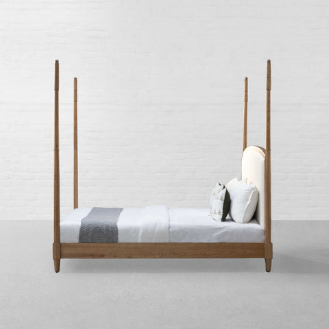 Luma Post Bed | Natural Oak Four Poster Wooden Bed | Linen Upholstered Headboard | King & Queen | Oakvello