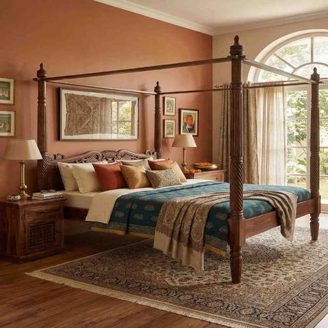 Spiral Post Sheesham Wood Bed | Hand-Carved Four Poster Canopy Bed | King & Queen Size