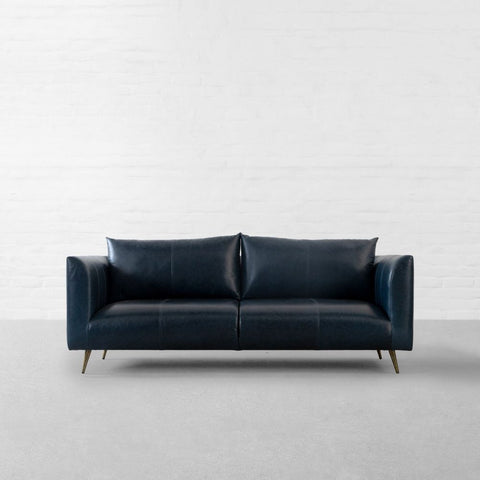 Navy Dusk Sofa | Premium Navy Leather Sofa with Brass Legs & Curved Arms