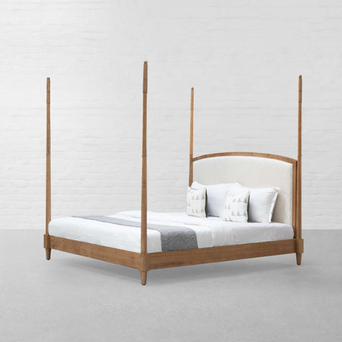 Luma Post Bed | Natural Oak Four Poster Wooden Bed | Linen Upholstered Headboard | King & Queen | Oakvello