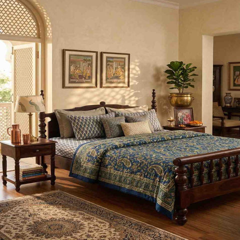 Colonna Wooden Bed | Sheesham Wood | Hand-Turned Spindle Posts & Carved Headboard | King & Queen Size | Oakvello