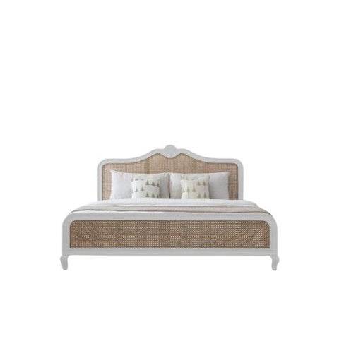 Cabriole Cane Bed | White French Provincial Wooden Bed | Cane Headboard & Footboard | King & Queen | Oakvello