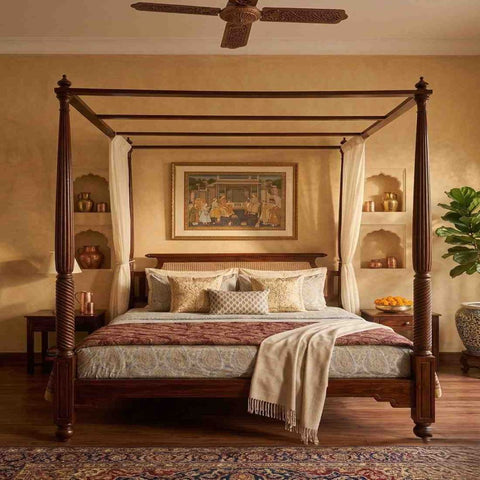 Colonial Cane Sheesham Wood Bed | Four Poster Canopy Bed with Cane Headboard | King & Queen Size | Oakvello