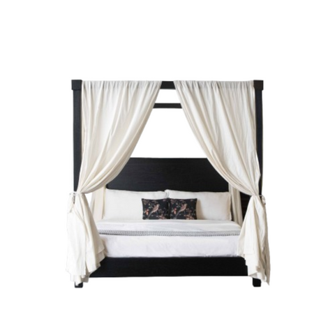 Veil Canopy Bed | Matte Black Four Poster Wooden Bed | Sheer Drape | King & Queen Size | Oakvello