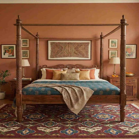 Spiral Post Sheesham Wood Bed | Hand-Carved Four Poster Canopy Bed | King & Queen Size
