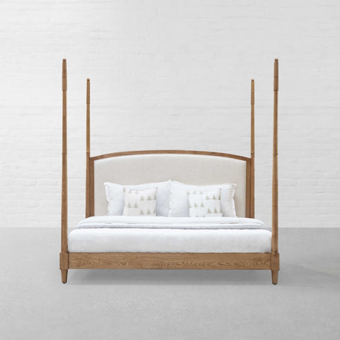 Luma Post Bed | Natural Oak Four Poster Wooden Bed | Linen Upholstered Headboard | King & Queen | Oakvello