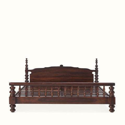 Colonna Wooden Bed | Sheesham Wood | Hand-Turned Spindle Posts & Carved Headboard | King & Queen Size | Oakvello