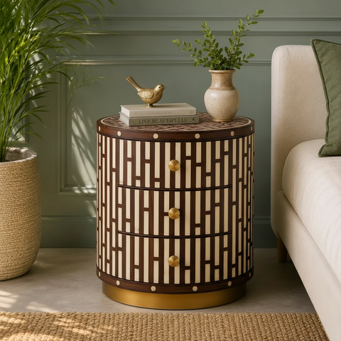 Emerald Lattice Bedside Chest in Dark walnut frame color