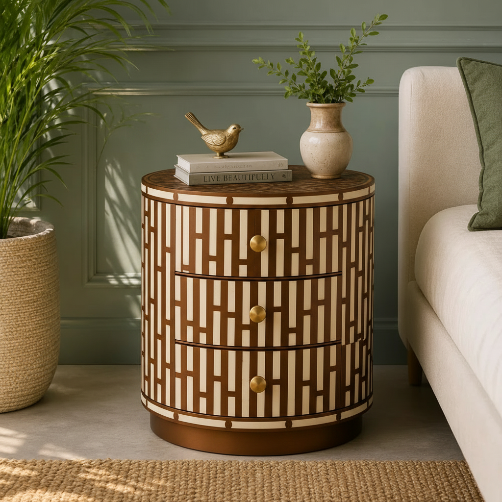 Emerald Lattice Bedside Chest in Bronze frame color