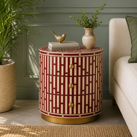 Emerald Lattice Bedside Chest in Red frame color