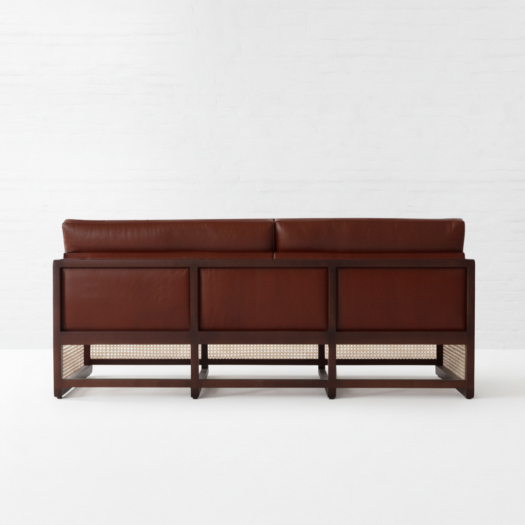 The Veda rattan leather sofa back view pure white background with shadow