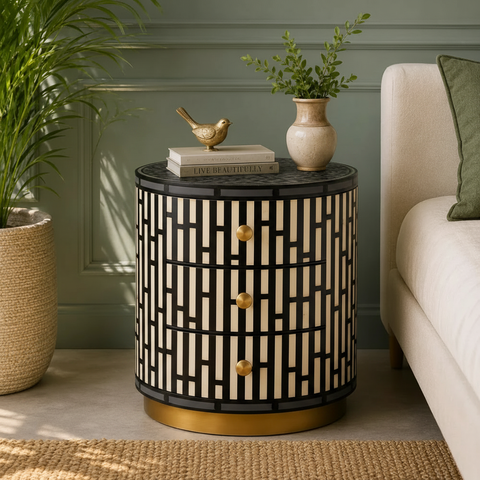 Emerald Lattice Bedside Chest in Black frame color
