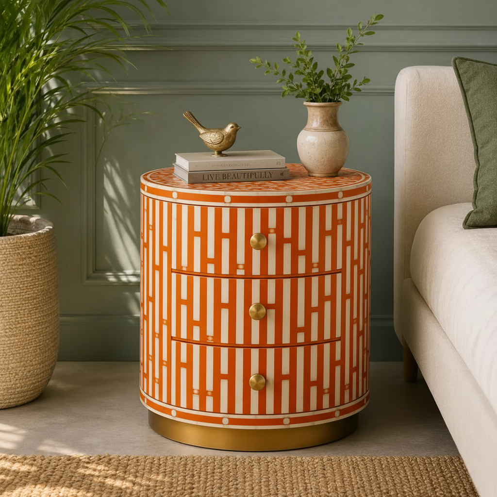 Emerald Lattice Bedside Chest in Orange frame color