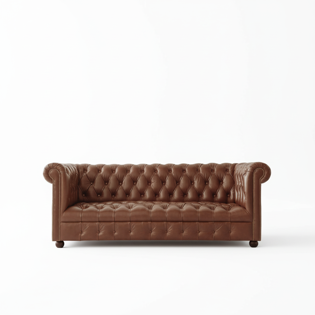 The Maharaja chestnut brown Chesterfield leather sofa front view white background