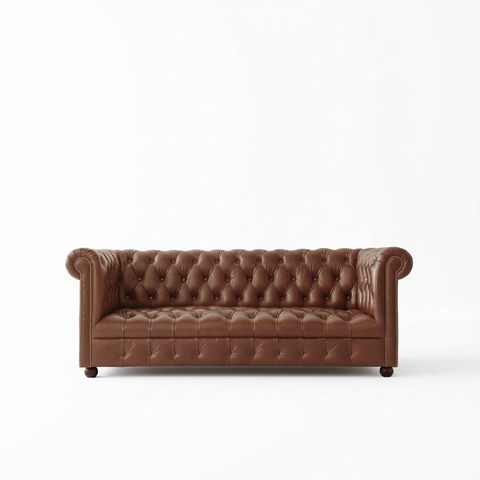 The Maharaja chestnut brown Chesterfield leather sofa front view white background