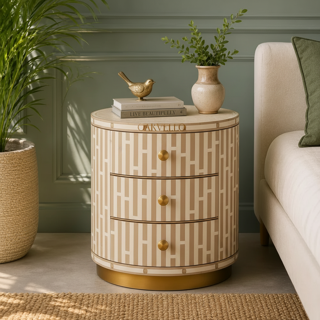 Emerald Lattice Bedside Chest in Beige frame color